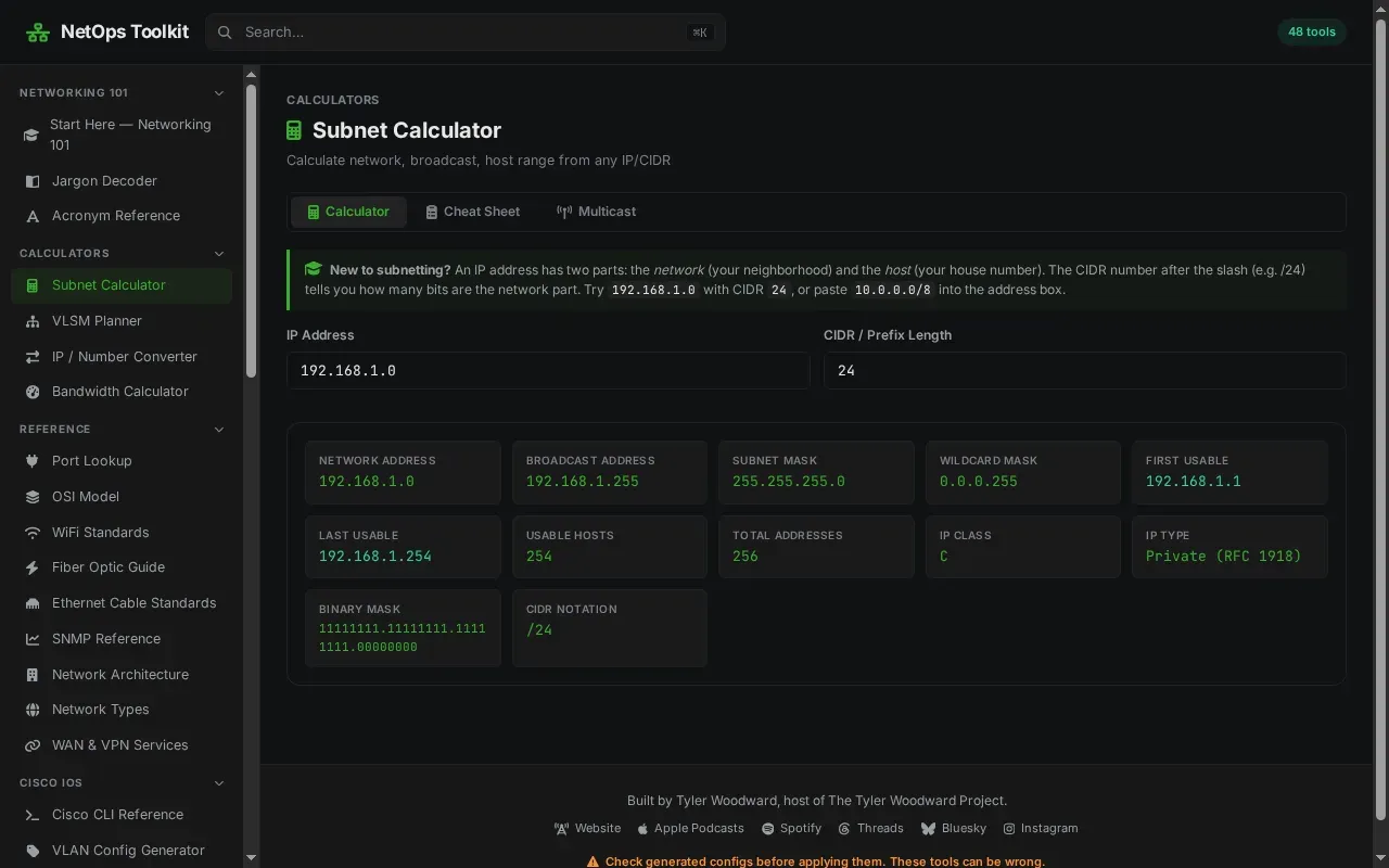 The Subnet Calculator in NetOps Toolkit: network, broadcast and host range results for 192.168.1.0/24, with a sidebar of tools