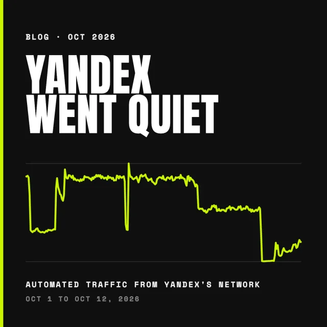 Yandex Went Quiet: a lime line chart of automated traffic from Yandex’s network, October 1 to 12, 2026, stepping down to near zero on October 11