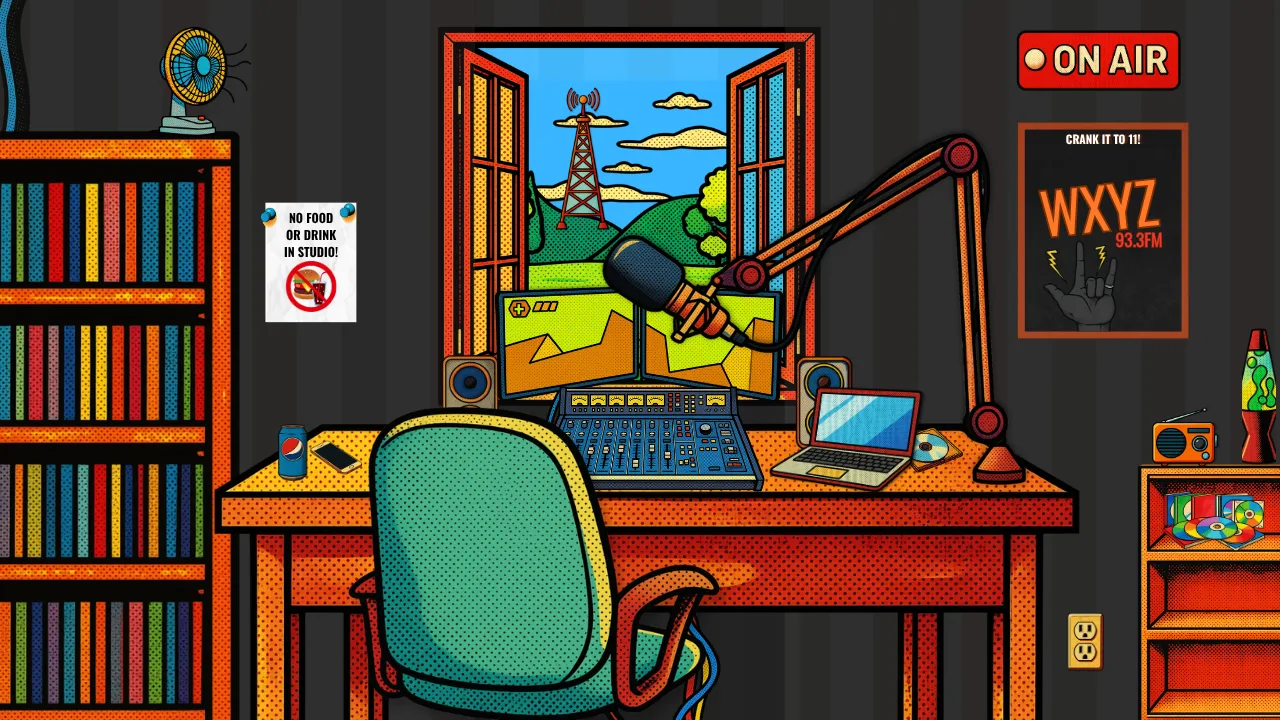 Illustrated pop-art broadcast studio desk with a mixing board, mic boom, and a WXYZ 93.3FM poster on the wall